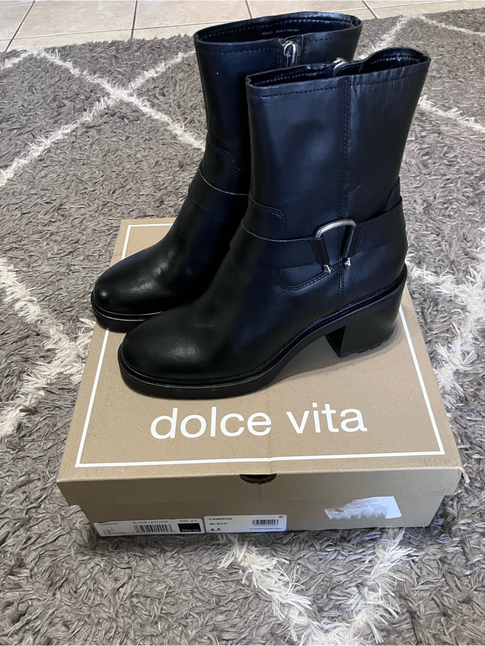 Dolce Vita Black Leather Mid-Calf Block Heel Boots with Buckle